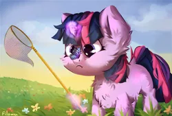 Size: 3700x2500 | Tagged: safe, artist:filama, derpibooru import, twilight sparkle, butterfly, pony, unicorn, belly fluff, blank flank, butterfly net, butterfly on nose, cheek fluff, chest fluff, cross-eyed, cute, dock, ear fluff, female, filly, filly twilight sparkle, flower, fluffy, glowing horn, grass, horn, insect on nose, leg fluff, levitation, looking at something, magic, meadow, nature, outdoors, smol, solo, standing, stroll, telekinesis, three quarter view, twiabetes, unicorn twilight, weapons-grade cute, younger
