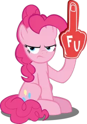 Size: 1562x2223 | Tagged: safe, artist:mrkat7214, derpibooru import, pinkie pie, earth pony, pony, angry, deviantart eclipse, female, foam finger, looking at you, mare, middle finger, pinkie pie is not amused, simple background, sitting, solo, transparent background, unamused, vector, vulgar, when she doesn't smile