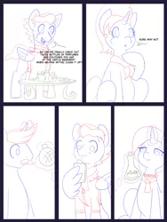 Size: 6000x8000 | Tagged: safe, artist:chedx, author:bigonionbean, derpibooru import, cookie crumbles, hondo flanks, stellar flare, wind rider, earth pony, pegasus, pony, unicorn, comic:the other grandparents, carousel boutique, clothes, comic, commissioner:bigonionbean, cookie, dessert, dialogue, eating, female, food, fusion:princess mythic majestic, horn, husband and wife, levitation, magic, male, mare, pastries, sketch, sketch dump, telekinesis