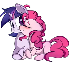 Size: 2536x2364 | Tagged: safe, artist:applerougi, derpibooru import, pinkie pie, twilight sparkle, pony, female, kissing, lesbian, prone, shipping, simple background, transparent background, twinkie