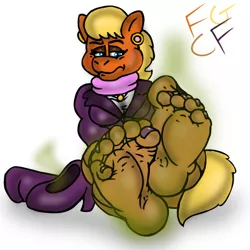 Size: 524x524 | Tagged: suggestive, artist:coolfruits, derpibooru import, ms. harshwhinny, anthro, plantigrade anthro, barefoot, breasts, clothes, collar, ear piercing, earring, feet, fetish, foot fetish, foot focus, image, jewelry, piercing, png, shirt, shoes, shoes removed, simple background, smelly feet, soles, stinky feet, toenails, toes, white background