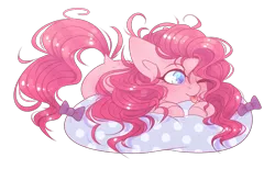 Size: 1300x800 | Tagged: safe, artist:soundwavepie, derpibooru import, pinkie pie, earth pony, pony, :p, blushing, bow, colored pupils, cushion, cute, diapinkes, dock, female, mare, one eye closed, prone, simple background, solo, tongue out, transparent background, wink