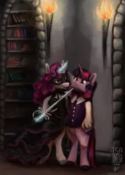 Size: 2435x3410 | Tagged: safe, artist:laps-sp, derpibooru import, rarity, twilight sparkle, pony, semi-anthro, unicorn, bipedal, book, bookshelf, clothes, cloven hooves, dress, female, fire, glowing horn, horn, lesbian, magic, magic aura, mask, pinned, rarilight, shipping, shirt, sword, torch, unicorn twilight, weapon