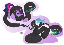 Size: 2500x1768 | Tagged: semi-grimdark, artist:omnifelpur, derpibooru import, princess celestia, queen chrysalis, twilight sparkle, pony, snake, abstract background, bad end, coiling, coils, constriction, female, females only, fetish, flushed face, food chain, frog (hoof), helpless, holding a pony, imminent vore, lights out, maw, no escape, predator, prey, simple background, smiling, soft vore, species swap, squeeze, squeezing, struggling, swallowing, transparent background, underhoof, villainous delights, vore