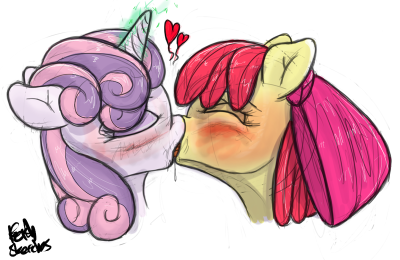 Size: 1200x780 | Tagged: apple bloom, artist:fetishsketches, blushing, bow, derpibooru import, female, females only, french kiss, kissing, lesbian, shipping, signature, simple background, suggestive, sweetie belle, sweetiebloom, white background