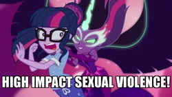 Size: 640x360 | Tagged: suggestive, derpibooru import, edit, edited screencap, screencap, sci-twi, twilight sparkle, equestria girls, legend of everfree, bad touch, caption, high impact sexual violence, image macro, midnight sparkle, personal space invasion, ponytail, sci-twi's nightmare, screaming, self ponidox, selfcest, shipping, text