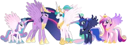 Size: 8003x2883 | Tagged: alicorn, alicorn pentarchy, alternate hairstyle, artist:sketchmcreations, commission, derpibooru import, female, group shot, hair bun, mare, older, older flurry heart, older twilight, ponytail, princess cadance, princess celestia, princess flurry heart, princess luna, princess twilight 2.0, raised hoof, safe, simple background, the last problem, transparent background, twilight sparkle, twilight sparkle (alicorn), vector