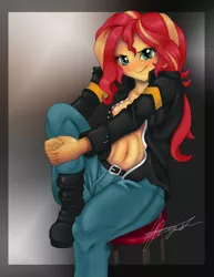 Size: 2153x2786 | Tagged: suggestive, artist:jennobasilicum, derpibooru import, sunset shimmer, equestria girls, belly button, belt, blushing, boots, breasts, clothes, female, jacket, jeans, leather jacket, looking at you, open clothes, open jacket, pants, shoes, sideboob, sitting, solo, solo female, stool