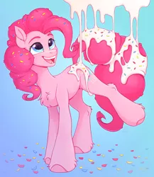 Size: 2516x2904 | Tagged: safe, artist:argigen, derpibooru import, pinkie pie, earth pony, pony, blue background, chest fluff, confetti, cute, diapinkes, ear fluff, female, food, frosting, high res, leg fluff, mare, open mouth, rcf community, simple background, solo, sprinkles