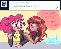 Size: 1280x1040 | Tagged: safe, artist:ask-sunpie, artist:wimsie, derpibooru import, pinkie pie, sunset shimmer, human, pony, tumblr:ask sunpie, ask, bisexual pride flag, blushing, clothes, dialogue, female, humanized, jacket, lesbian, pride, pride flag, shipping, shirt, sunsetpie