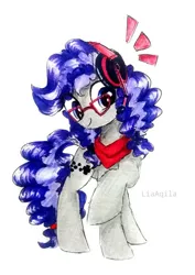 Size: 753x1061 | Tagged: safe, artist:liaaqila, derpibooru import, oc, oc:cinnabyte, unofficial characters only, earth pony, pony, adorkable, bandana, cute, dork, gaming headphones, glasses, smiling