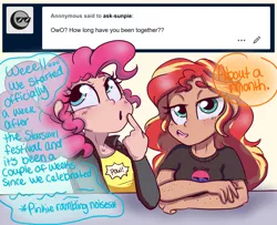 Size: 1280x1040 | Tagged: artist:ask-sunpie, artist:wimsie, ask, bisexual pride flag, clothes, derpibooru import, dialogue, female, human, humanized, jacket, lesbian, pinkie pie, ponytail, pride, pride flag, safe, shipping, shirt, sunsetpie, sunset shimmer, tumblr:ask sunpie