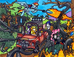 Size: 3299x2534 | Tagged: applejack, artist:sketchywolf-13, canis bodhi, car, cutie mark, derpibooru import, driving, everfree forest, fire, flamethrower, fluttershy, grand theft auto, horn, kill it with fire, mane six, pinkie pie, plant, poison joke, princess twilight sparkle (episode), pyro, pyromaniac, rainbow dash, rarity, safe, shocked, some mares just want to watch the world burn, team fortress 2, traditional art, tree, twilight sparkle, weapon, wings