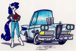 Size: 4090x2770 | Tagged: safe, artist:sketchywolf-13, derpibooru import, rarity, anthro, unguligrade anthro, unicorn, car, clothes, edsel, female, ford, ford edsel, horn, simple background, solo, traditional art, white background