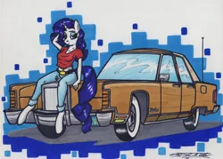 Size: 3300x2368 | Tagged: safe, artist:sketchywolf-13, derpibooru import, rarity, anthro, unguligrade anthro, unicorn, arm behind head, car, clothes, female, horn, jeans, lincoln (car), lincoln continental, looking at you, mare, midriff, pants, pose, shirt, solo, t-shirt, tail, traditional art