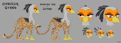 Size: 11479x4067 | Tagged: safe, artist:skunk bunk, derpibooru import, oc, oc:councillor gynnie, unofficial characters only, big cat, bird, gryphon, leopard, secretary bird, butt, cougar, feather, female, glasses, griffon oc, leopard griffon, leopard print, mature, milf, paws, reference sheet, simple background, solo, tail, talons, unimpressed, wings