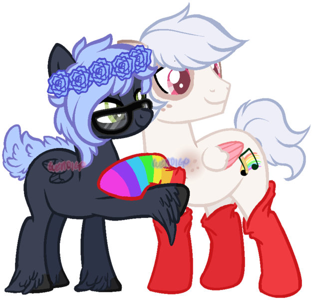 Size: 874x837 | Tagged: artist:skulifuck, base used, clothes, derpibooru import, duo, female, floral head wreath, flower, glasses, holding hooves, hoof fluff, looking back, male, mare, music notes, oc, oc:skate beat, rainbow socks, safe, simple background, smiling, socks, stallion, striped socks, transparent background, unofficial characters only