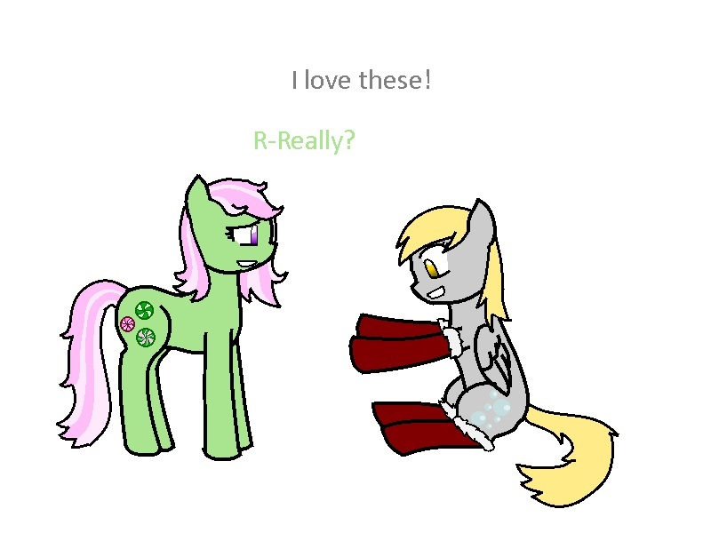 Size: 800x600 | Tagged: artist:hayley566, clothes, derpibooru import, derpy hooves, dialogue, g3, g3 to g4, generation leap, hearth's warming, minty, safe, socks, that pony sure does love socks