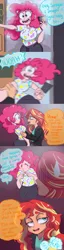 Size: 1280x5008 | Tagged: artist:ask-sunpie, artist:wimsie, bags under eyes, clothes, comic, derpibooru import, dialogue, female, human, humanized, jacket, lesbian, pants, pinkie pie, rubber duck, safe, shipping, shirt, sunsetpie, sunset shimmer, sweat, sweatdrop, tumblr:ask sunpie, video game