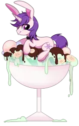 Size: 1980x3124 | Tagged: safe, artist:arshe12, derpibooru import, oc, oc:lapush buns, bunnycorn, pony, unicorn, bunny ears, commission, cup, cup of pony, food, ice cream, micro, ponies in food, rabbit pony, simple background, solo, transparent background, ych result