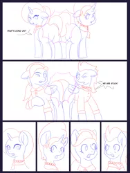 Size: 6000x8000 | Tagged: safe, artist:chedx, author:bigonionbean, derpibooru import, cookie crumbles, mane allgood, stellar flare, stormy flare, pegasus, pony, unicorn, comic:the other grandparents, clothes, comic, commissioner:bigonionbean, confusion, dialogue, female, forced, fuse, jewelry, magic, mare, merge, merging, panic, potion, sketch, sketch dump