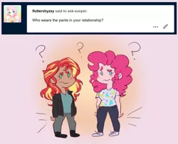 Size: 1280x1040 | Tagged: artist:ask-sunpie, artist:wimsie, ask, blouse, clothes, derpibooru import, female, human, humanized, jacket, lesbian, pants, pinkie pie, question mark, safe, shipping, shirt, shoes, sunsetpie, sunset shimmer, text, tumblr:ask sunpie