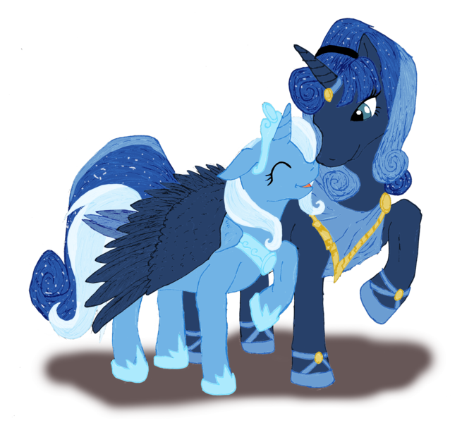Size: 4104x3760 | Tagged: safe, artist:edhelistar, derpibooru import, princess luna, trixie, alicorn, pony, alicornified, alternate hairstyle, artemis luna, boop, clothes, female, hairband, hoof shoes, hug, jewelry, lesbian, luxie, mare, mirror universe, mixed media, noseboop, peytral, princess of humility, race swap, raised hoof, shipping, simple background, tiara, transparent background, trixiecorn, winghug
