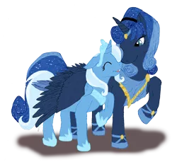Size: 4104x3760 | Tagged: safe, artist:edhelistar, derpibooru import, princess luna, trixie, alicorn, pony, alicornified, alternate hairstyle, artemis luna, boop, clothes, female, hairband, hoof shoes, hug, jewelry, lesbian, luxie, mare, mirror universe, mixed media, noseboop, peytral, princess of humility, race swap, raised hoof, shipping, simple background, tiara, transparent background, trixiecorn, winghug