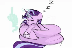 Size: 1500x1000 | Tagged: safe, artist:amethesaladhair, derpibooru import, starlight glimmer, pony, unicorn, coils, curled up, glowing horn, hand, horn, long glimmer, long pony, magic, magic hands, middle finger, onomatopoeia, sleeping, solo, sound effects, vulgar, zzz