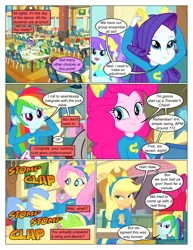 Size: 612x792 | Tagged: safe, artist:greatdinn, artist:newbiespud, derpibooru import, edit, edited screencap, screencap, apple bloom, applejack, big macintosh, diamond tiara, fluttershy, pinkie pie, rainbow dash, rarity, scootaloo, sweetie belle, comic:friendship is dragons, equestria girls, equestria girls (movie), animal ears, chair, clothes, collaboration, comic, dialogue, female, hat, humane five, lipstick, onomatopoeia, screencap comic, smiling