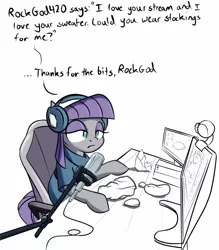 Size: 1400x1600 | Tagged: safe, artist:rocket-lawnchair, derpibooru import, maud pie, earth pony, computer, desk, dialogue, female, headphones, livestream, microphone, rock, solo, streaming