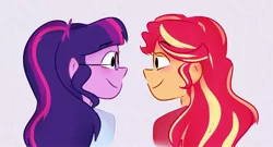 Size: 2000x1081 | Tagged: safe, artist:fuitgxmmy, artist:sunsetslight, derpibooru import, sci-twi, sunset shimmer, twilight sparkle, equestria girls, clothes, female, glasses, lesbian, looking at each other, ponytail, scitwishimmer, shipping, shirt, simple background, smiling, sunsetsparkle, white background