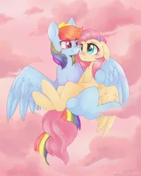 Size: 1638x2048 | Tagged: safe, alternate version, artist:vert_glamis, derpibooru import, fluttershy, rainbow dash, butterfly, pegasus, pony, blushing, cloud, eye contact, female, flutterdash, lesbian, looking at each other, mare, pink cloud, shipping, sitting on lap