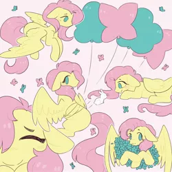 Size: 2000x2000 | Tagged: safe, artist:vert_glamis, derpibooru import, fluttershy, butterfly, pegasus, pony, rabbit, animal, balloon, eyes closed, flower, pink background, simple background, smiling, solo, wallpaper
