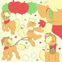 Size: 2000x2000 | Tagged: safe, artist:vert_glamis, derpibooru import, applejack, earth pony, pony, apple, applejack's hat, balloon, bandana, basket, clothes, cowboy hat, flower, food, hat, lasso, mouth hold, rope, scarf, simple background, smiling, solo, wallpaper, yellow background