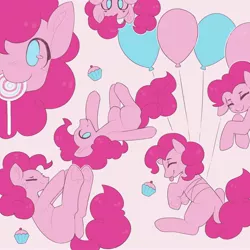 Size: 2000x2000 | Tagged: safe, artist:vert_glamis, derpibooru import, pinkie pie, earth pony, pony, balloon, candy, cupcake, cute, diapinkes, eyes closed, food, frog (hoof), high res, lollipop, missing cutie mark, no pupils, pink background, simple background, smiling, solo, tongue out, underhoof, wallpaper