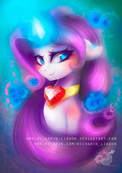 Size: 1024x1449 | Tagged: safe, artist:wilvarin-liadon, derpibooru import, rarity, pony, unicorn, blushing, bust, cute, female, fire ruby, floppy ears, flower, gem, glowing horn, horn, mare, raribetes, ruby, solo