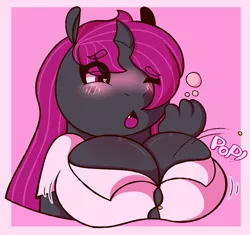 Size: 979x919 | Tagged: suggestive, artist:candy.bytes, artist:l0vebuggs, derpibooru import, changeling queen oc, oc, oc:gyne, unofficial characters only, anthro, changeling, changeling queen, big breasts, blushing, breasts, button popping, changeling oc, clothes, cute, drunk, effects, female, females only, heart, heart eyes, long hair, one eye closed, purple changeling, shirt, simple background, solo, solo female, speech bubble, wardrobe malfunction, wingding eyes