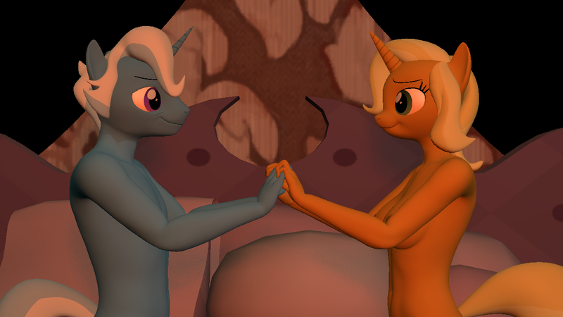 Size: 1280x720 | Tagged: 3d, anthro, artist:superstar17, bedroom, bedroom eyes, breasts, derpibooru import, female, hatless, holding hands, husband and wife, imminent sex, jack pot, jacktacle, lidded eyes, looking at each other, male, missing accessory, nipples, nudity, questionable, shipping, sideboob, smiling, source filmmaker, straight, sunflower spectacle