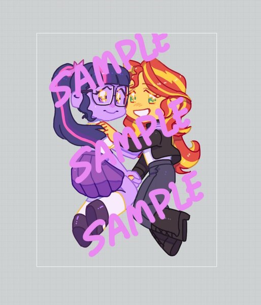 Size: 1384x1617 | Tagged: safe, artist:chapaghettii, derpibooru import, sci-twi, sunset shimmer, twilight sparkle, equestria girls, blouse, boots, clothes, female, glasses, jacket, keychain, lesbian, ponytail, sample, scitwishimmer, shipping, shoes, skirt, sunsetsparkle