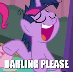 Size: 852x834 | Tagged: alicorn, a trivial pursuit, behaving like rarity, caption, cropped, darling, derpibooru import, edit, edited screencap, image macro, imitation, messy mane, offscreen character, pinkie pie, safe, screencap, solo focus, text, twilight sparkle, twilight sparkle (alicorn)