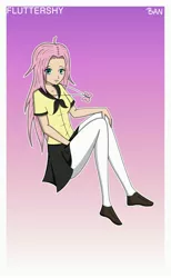 Size: 1920x3120 | Tagged: artist:banquo0, art pack:my little persona, clothes, derpibooru import, fluttershy, human, humanized, persona, safe, school uniform, shoes, skirt, solo