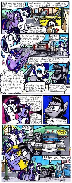 Size: 1024x2566 | Tagged: safe, artist:sketchywolf-13, derpibooru import, rarity, twilight sparkle, twilight sparkle (alicorn), oc, oc:sketchy, alicorn, earth pony, pony, unicorn, cadillac, canon x oc, car, cigarette, comic, cutie mark, driving, female, grumpy, horn, male, mare, nose wrinkle, pickup truck, road, smoke, speech bubble, stallion, sunglasses, taxi, text, traditional art, vehicle, vulgar, wings