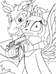 Size: 1024x1337 | Tagged: semi-grimdark, artist:sketchywolf-13, derpibooru import, discord, princess celestia, alicorn, draconequus, pony, crown, duo, female, gun, handgun, horn, hostage, jewelry, lineart, male, mare, monochrome, regalia, scared, simple background, smiling, traditional art, weapon, white background, wings