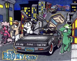 Size: 1024x809 | Tagged: suggestive, artist:sketchywolf-13, derpibooru import, oc, unofficial characters only, earth pony, pony, unicorn, back to the future, building, cadillac, car, chase, cigarette, clothes, delorean, dmc, dmc delorean, female, ford edsel, hat, hooker, male, mare, night, police car, smoke, stallion, traditional art