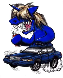 Size: 1024x1259 | Tagged: safe, artist:sketchywolf-13, derpibooru import, oc, oc:colt .45, unofficial characters only, pony, unicorn, alcohol, beer, beer can, car, commission, ford, ford crown victoria, horn, male, messy mane, rat fink, sharp teeth, simple background, smoke, solo, stallion, teeth, traditional art, white background