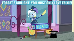 Size: 1280x720 | Tagged: safe, derpibooru import, edit, edited screencap, screencap, spike, spike the regular dog, trixie, dog, equestria girls, equestria girls series, street magic with trixie, spoiler:eqg series (season 2), caption, female, image macro, implied sparlight, implied starlight glimmer, male, meme, shipping, spixie, straight, text, trixie yells at everything