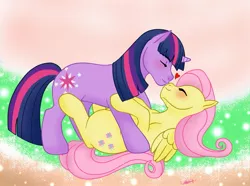 Size: 2185x1628 | Tagged: safe, artist:shiko-k, derpibooru import, fluttershy, twilight sparkle, pegasus, pony, unicorn, blushing, duo, eyes closed, female, heart, lesbian, mare, nuzzling, shipping, twishy, unicorn twilight