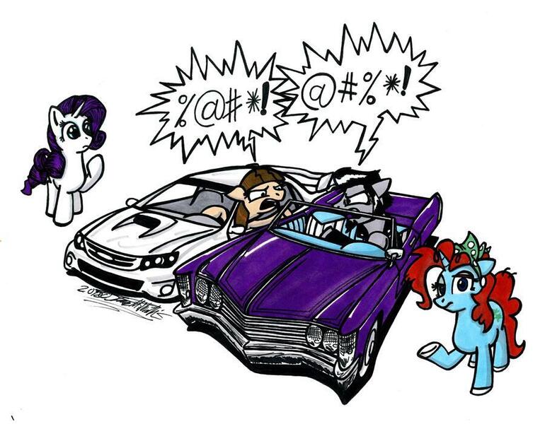 Size: 900x701 | Tagged: safe, artist:sketchywolf-13, derpibooru import, rarity, wild fire, oc, oc:sketchy, oc:snowdrop (mutatingraven), earth pony, pegasus, pony, unicorn, angry, car, censored vulgarity, convertible, female, grawlixes, horn, male, mare, road rage, sibsy, simple background, speech bubble, stallion, subaru, subaru impreza, traditional art, white background