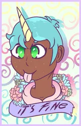 Size: 477x739 | Tagged: safe, artist:lazerblues, derpibooru import, oc, oc:dirt cup, unofficial characters only, satyr, bust, flower, offspring, parent:snails, solo, tongue out